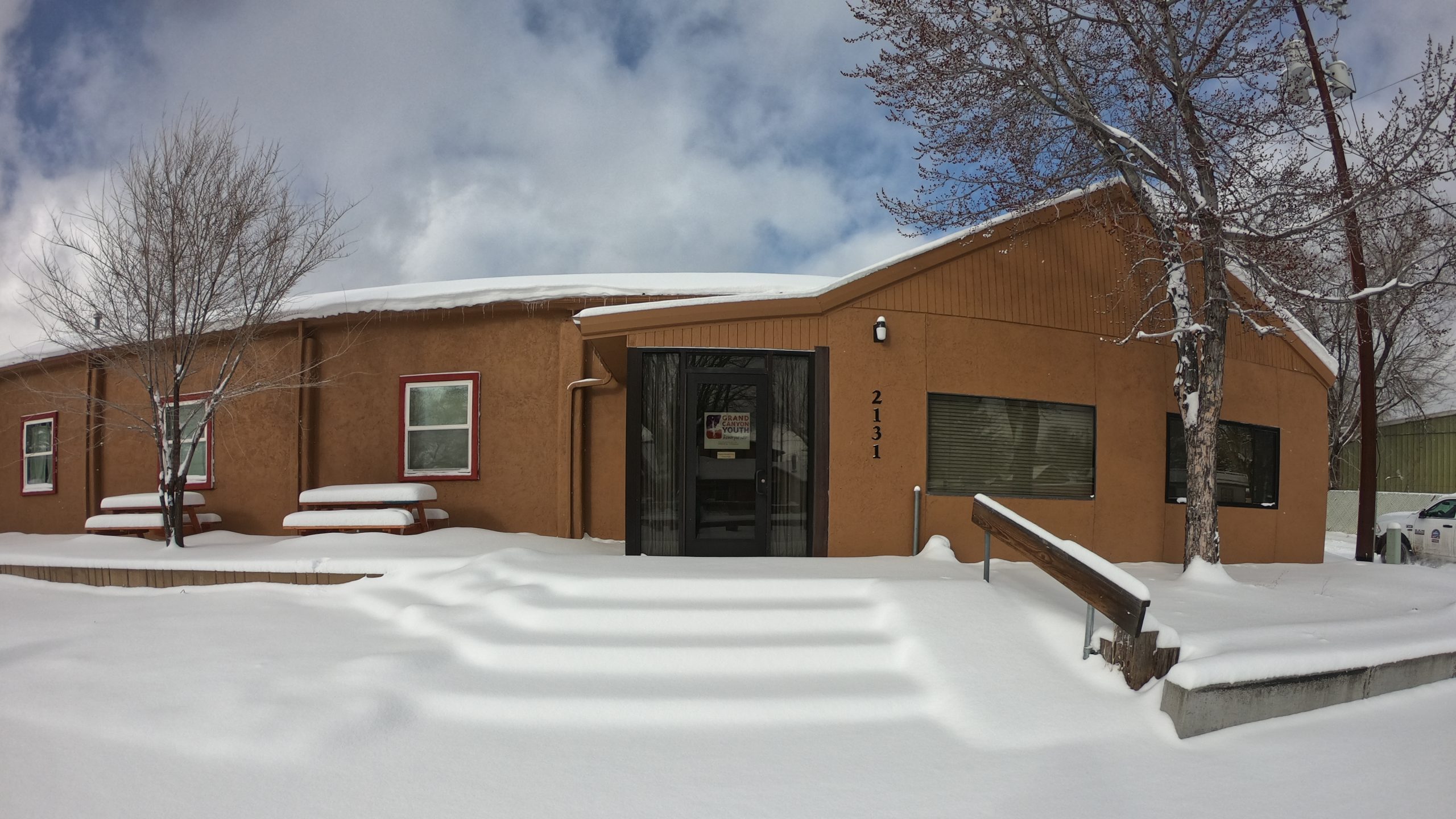 Grand Canyon Youth Building covered in snow